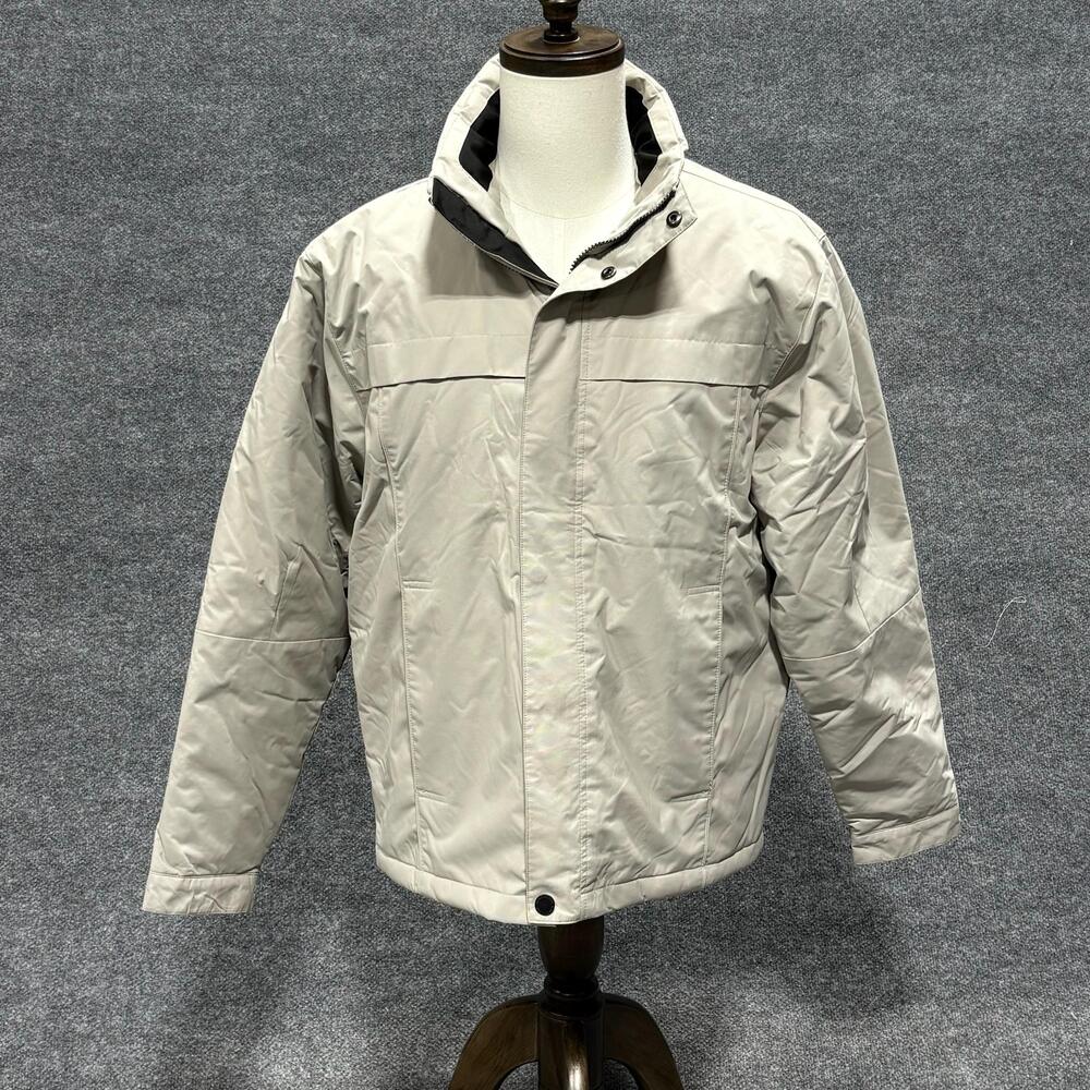 London Fog Jacket Mens Medium Beige Puffer Quilted Lined Full Zip Winter Warm